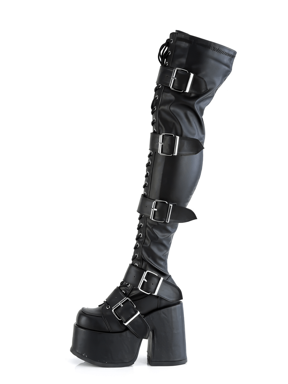 Dramatic black leather thigh-high lace-up boots with buckle straps and chunky heels, perfect for bold fashion statements.