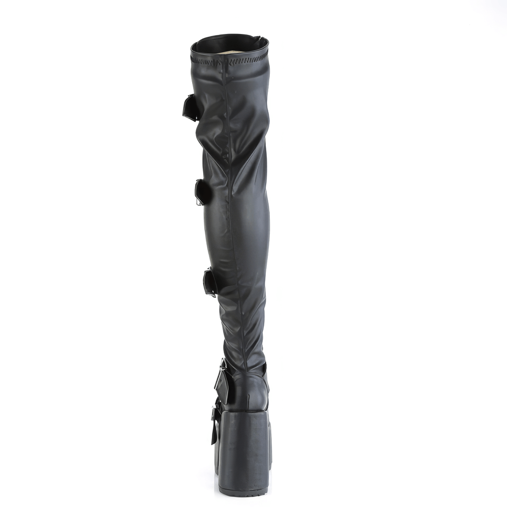 Striking black vegan leather thigh-high lace-up boots with buckle straps and chunky heel.