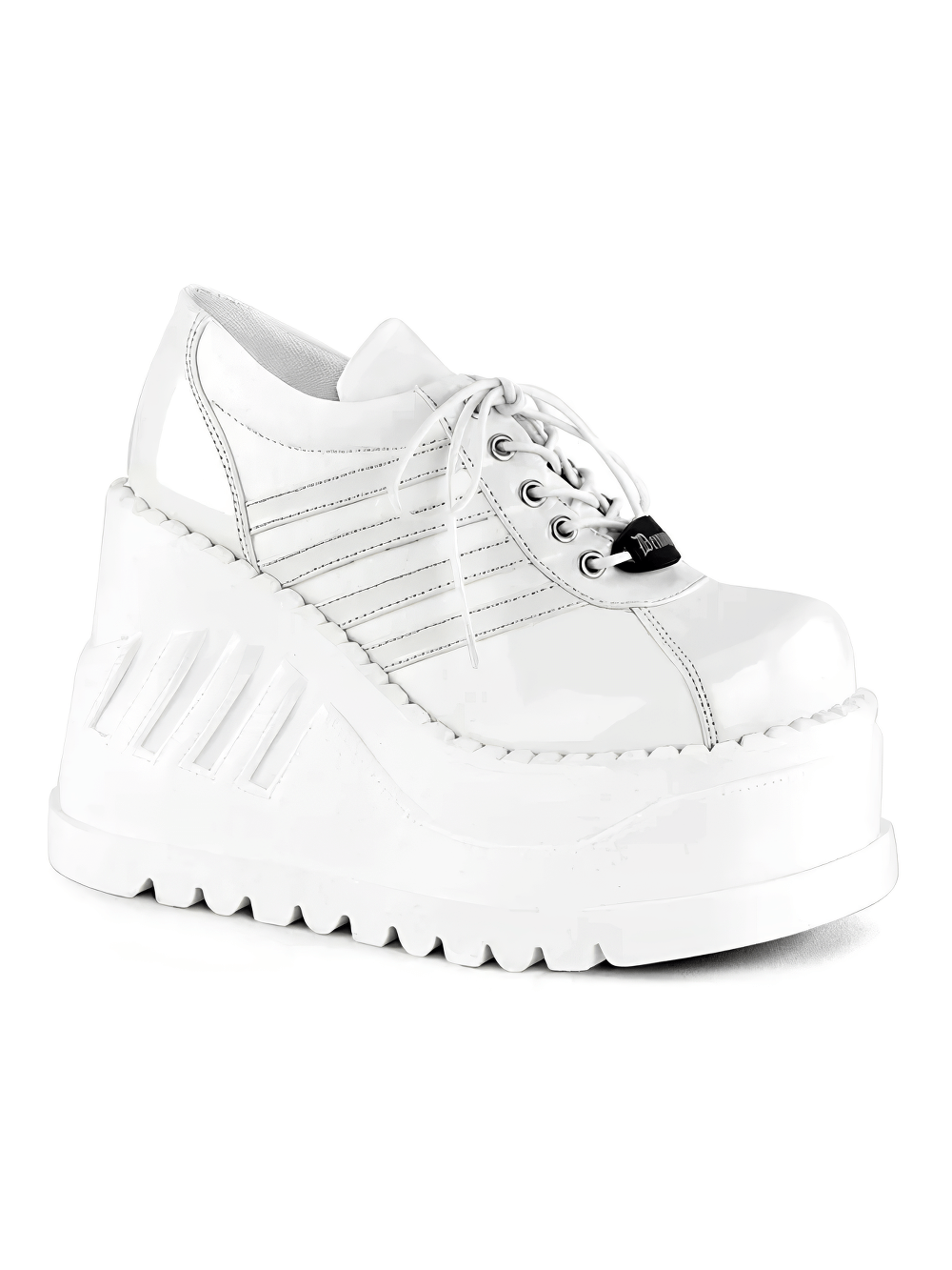 Demonia women's white lace-up platform sneakers with dramatic 4.75" wedge, made of vegan leather.