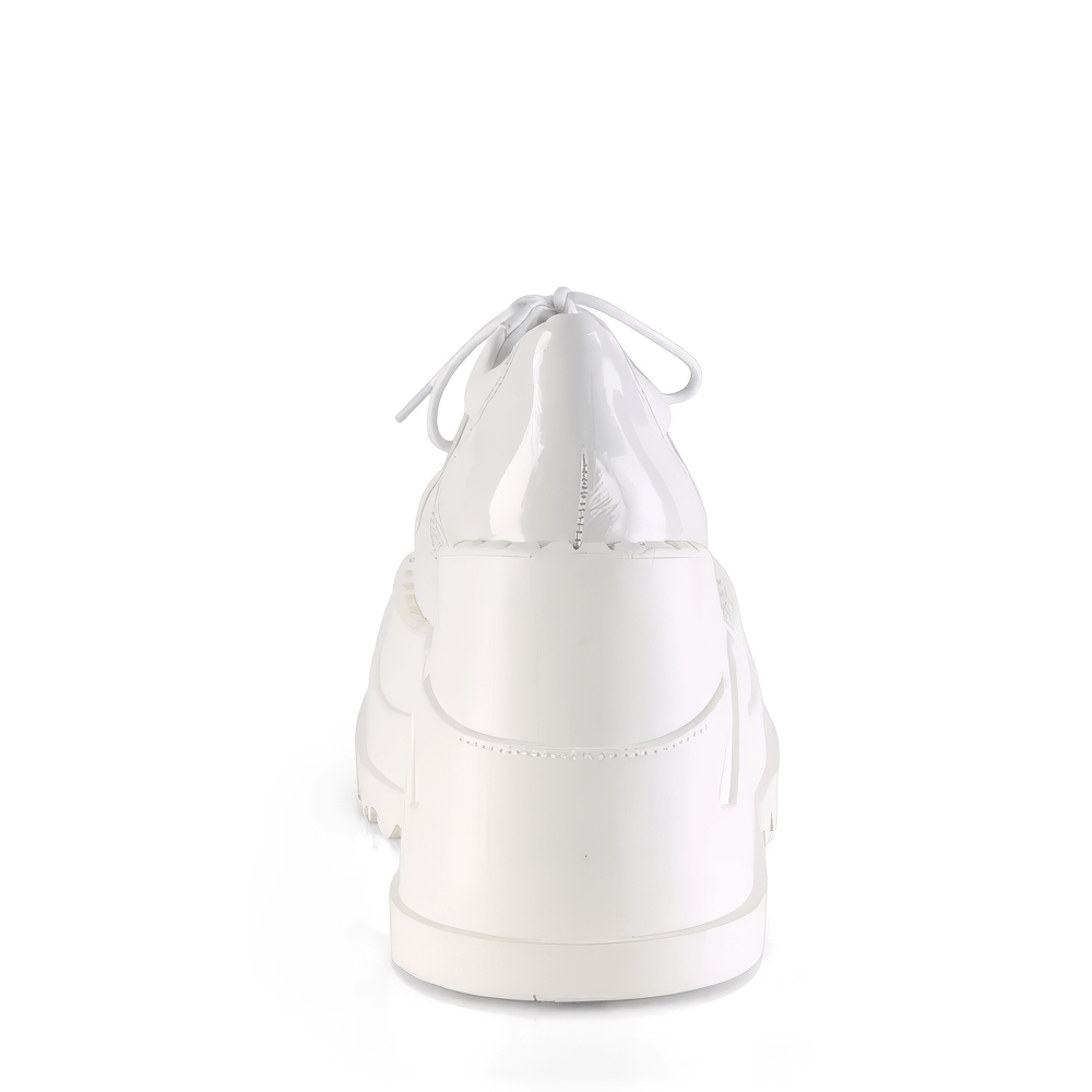 Back view of DEMONIA women's white lace-up platform sneakers showcasing shiny patent vegan leather.
