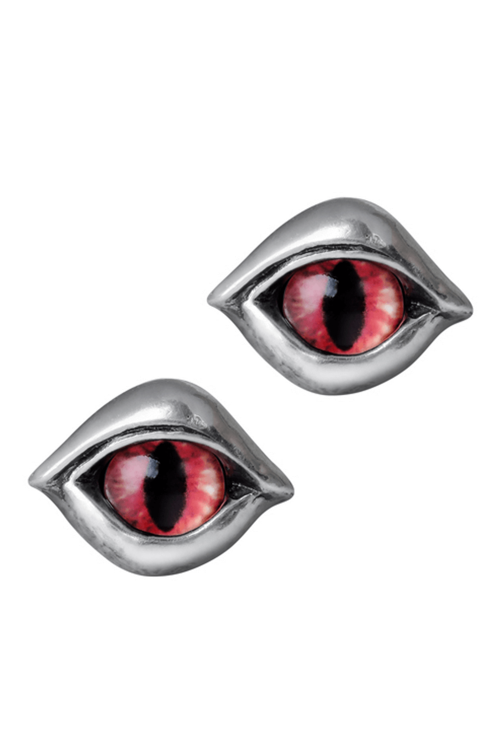 Demonic eye ear studs with red and black glass iris in a pewter frame, perfect for a gothic look.