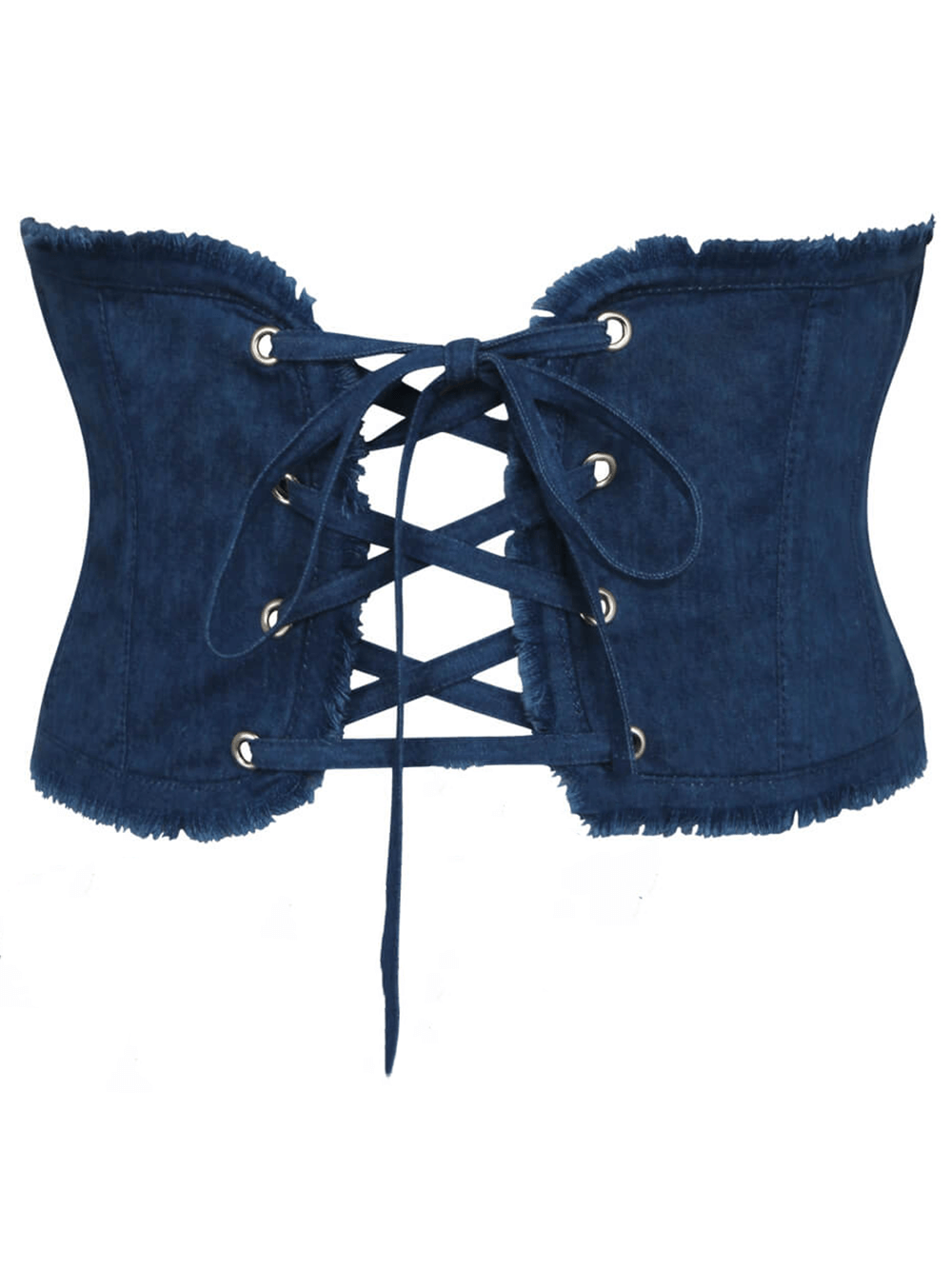 Navy denim corset belt with spiral steel boning and lace-up front for stylish women's support.