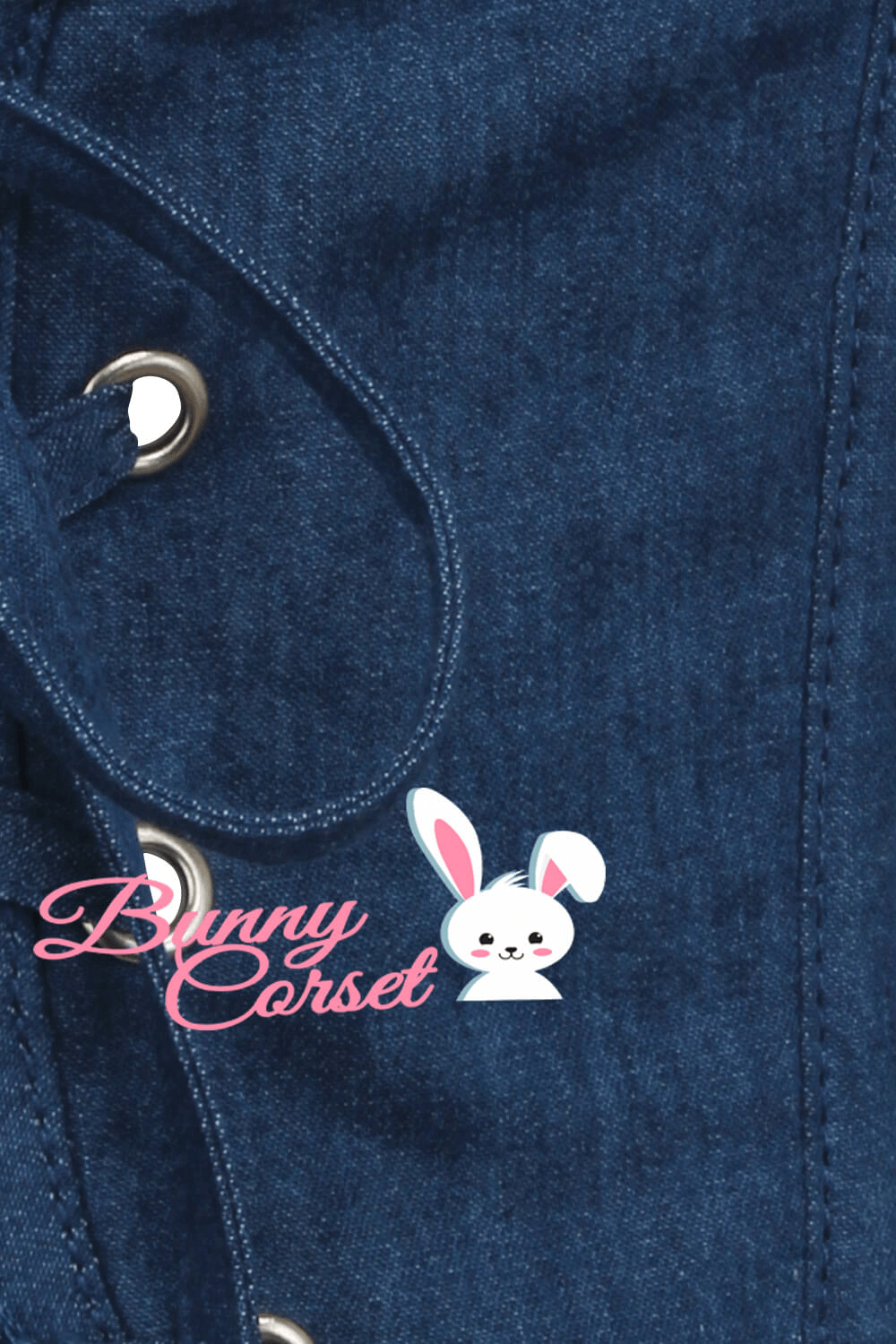 Close-up of denim corset belt showcasing lace-up detail and Bunny Corset logo, perfect for stylish support.