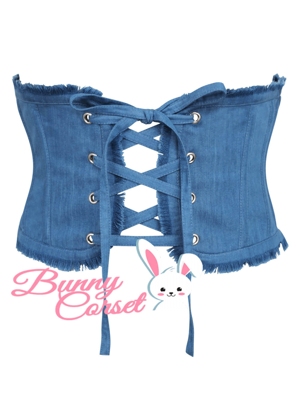 Denim corset belt with spiral steel boning and lace-up design for stylish support and comfort for women.