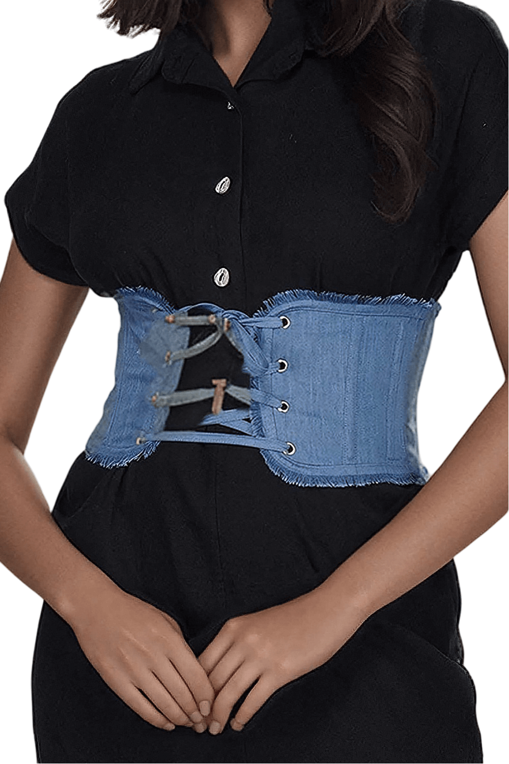 Stylish denim corset belt featuring spiral steel boning, perfect for enhancing outfits and sleek contouring for women.