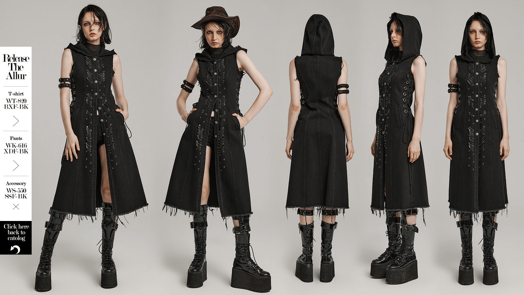 Punk-inspired black hooded cape dress with safety pins and raw edges, featuring stylish platform boots.