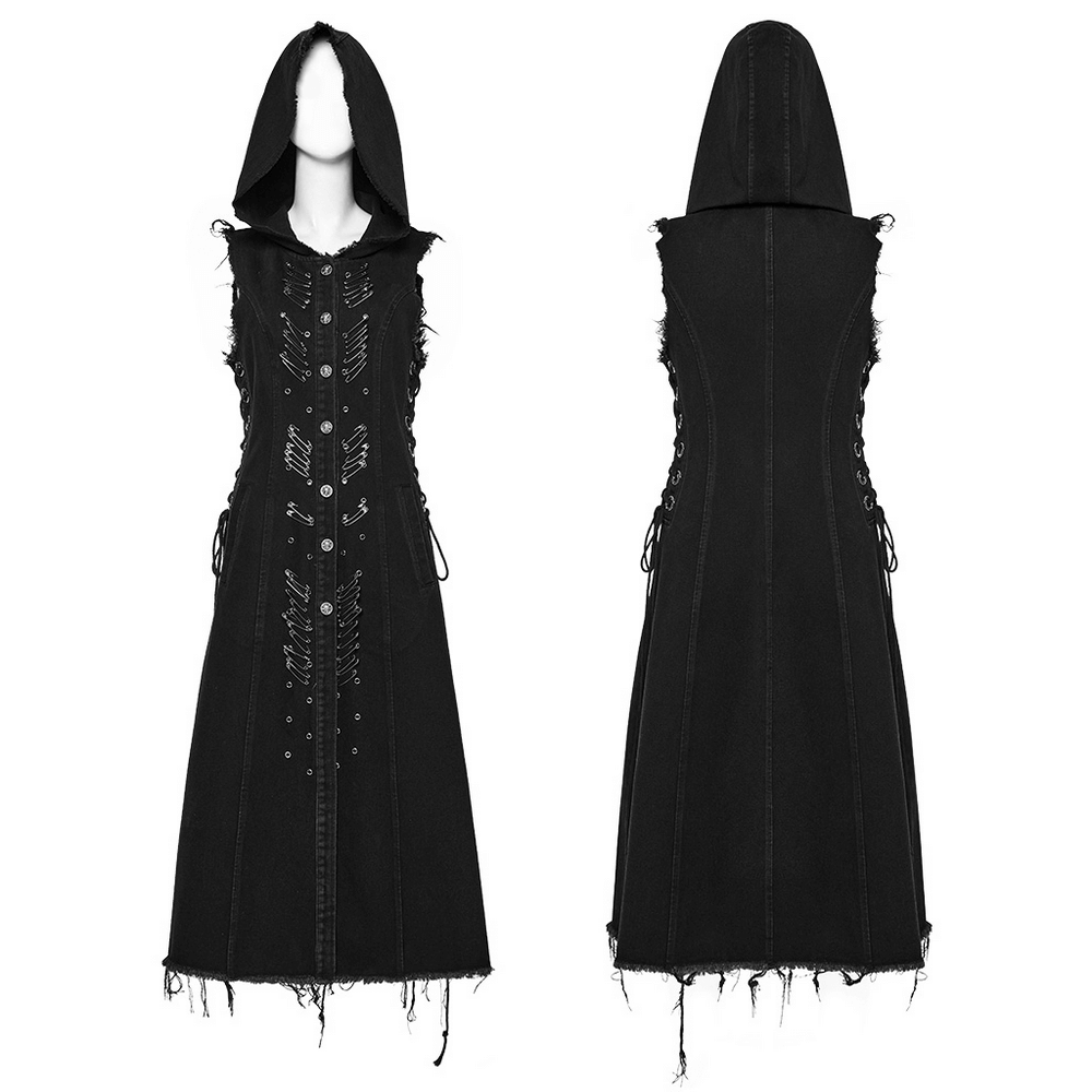 Denim hooded cape showcasing punk safety pins and raw edges, ideal for a bold, edgy fashion statement.