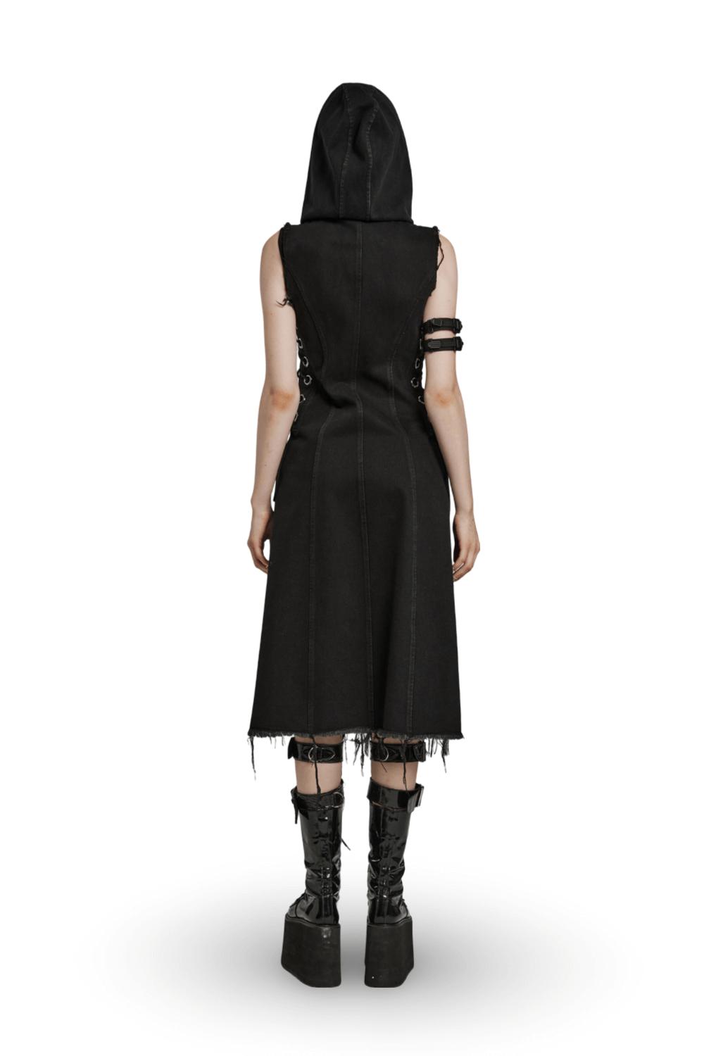 Stylish back view of a punk-inspired black denim hooded cape with raw edges and safety pin details.