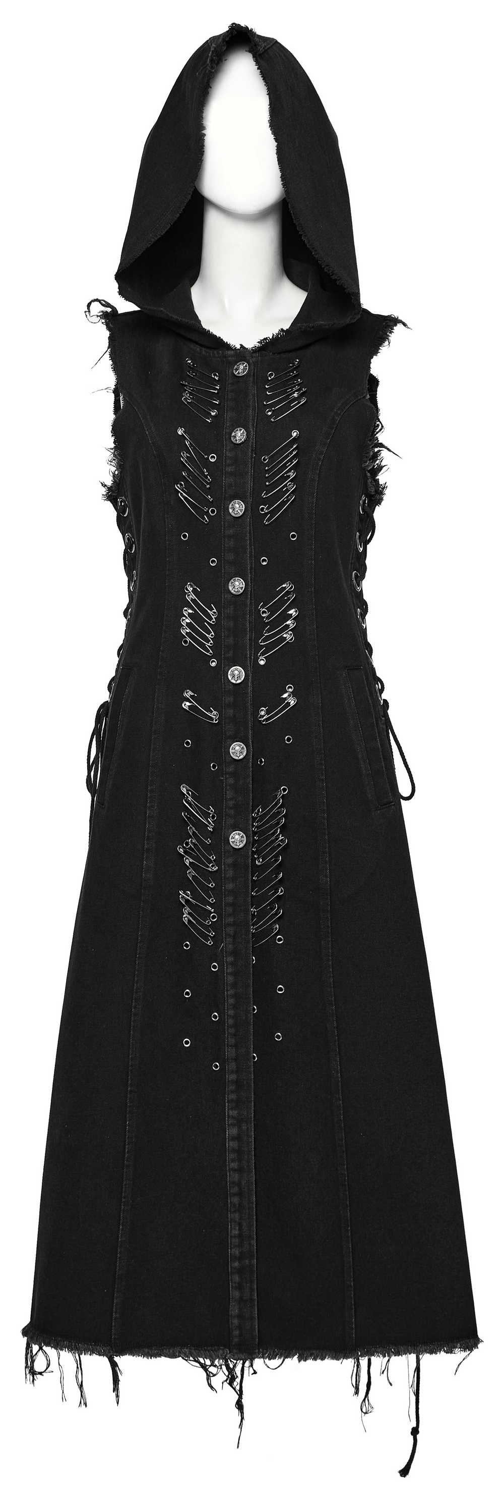 Black denim hooded cape with punk safety pins and raw edges, featuring button-up front and adjustable details.