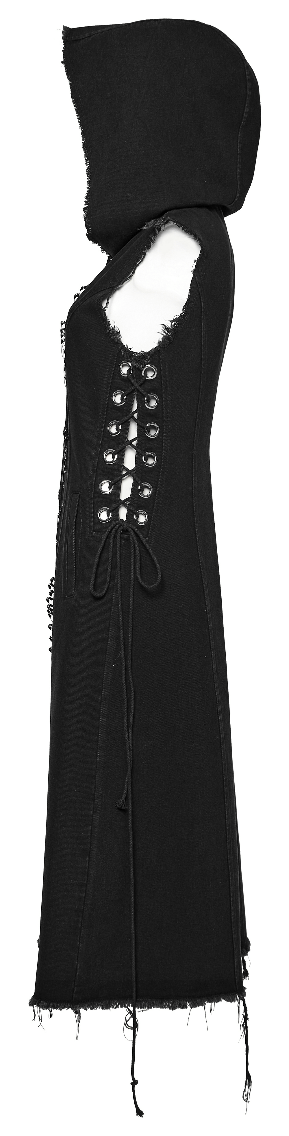 Edgy black denim hooded cape with safety pins and frayed edges, showcasing a bold punk-inspired fashion statement.