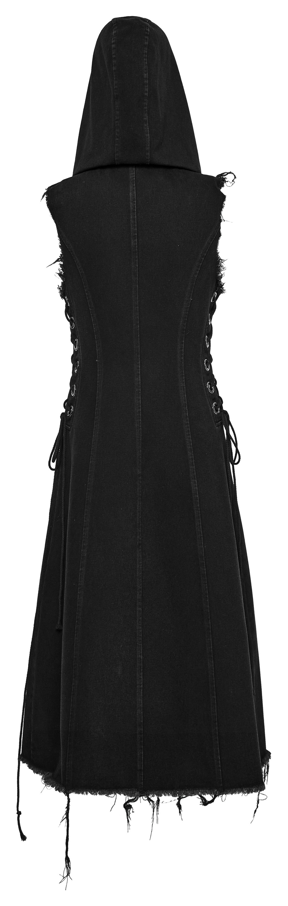 Back view of a denim hooded cape featuring raw edges and edgy lace-up details.