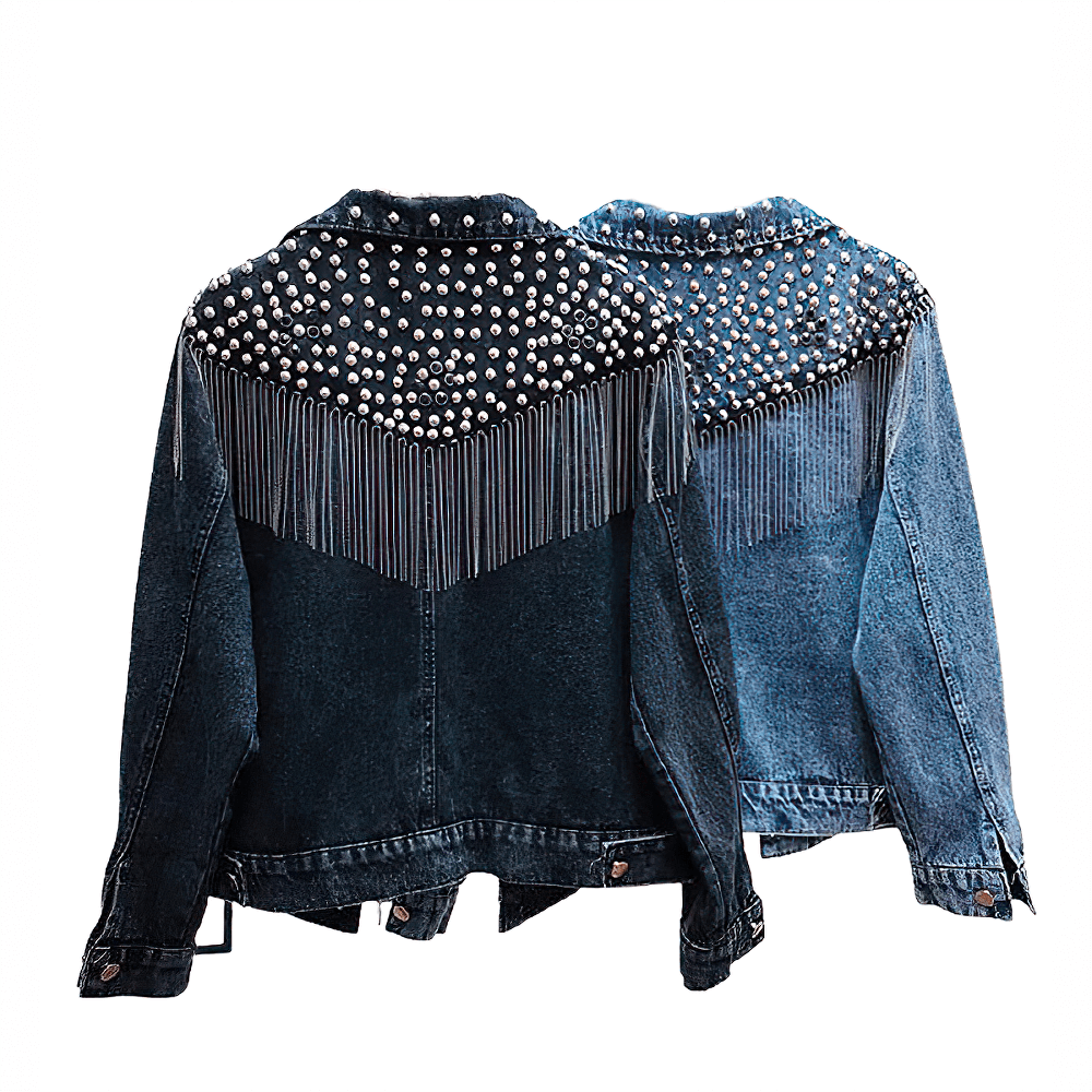 Stylish women's denim jackets with tassels and rivets in two colors, perfect for casual streetwear.
