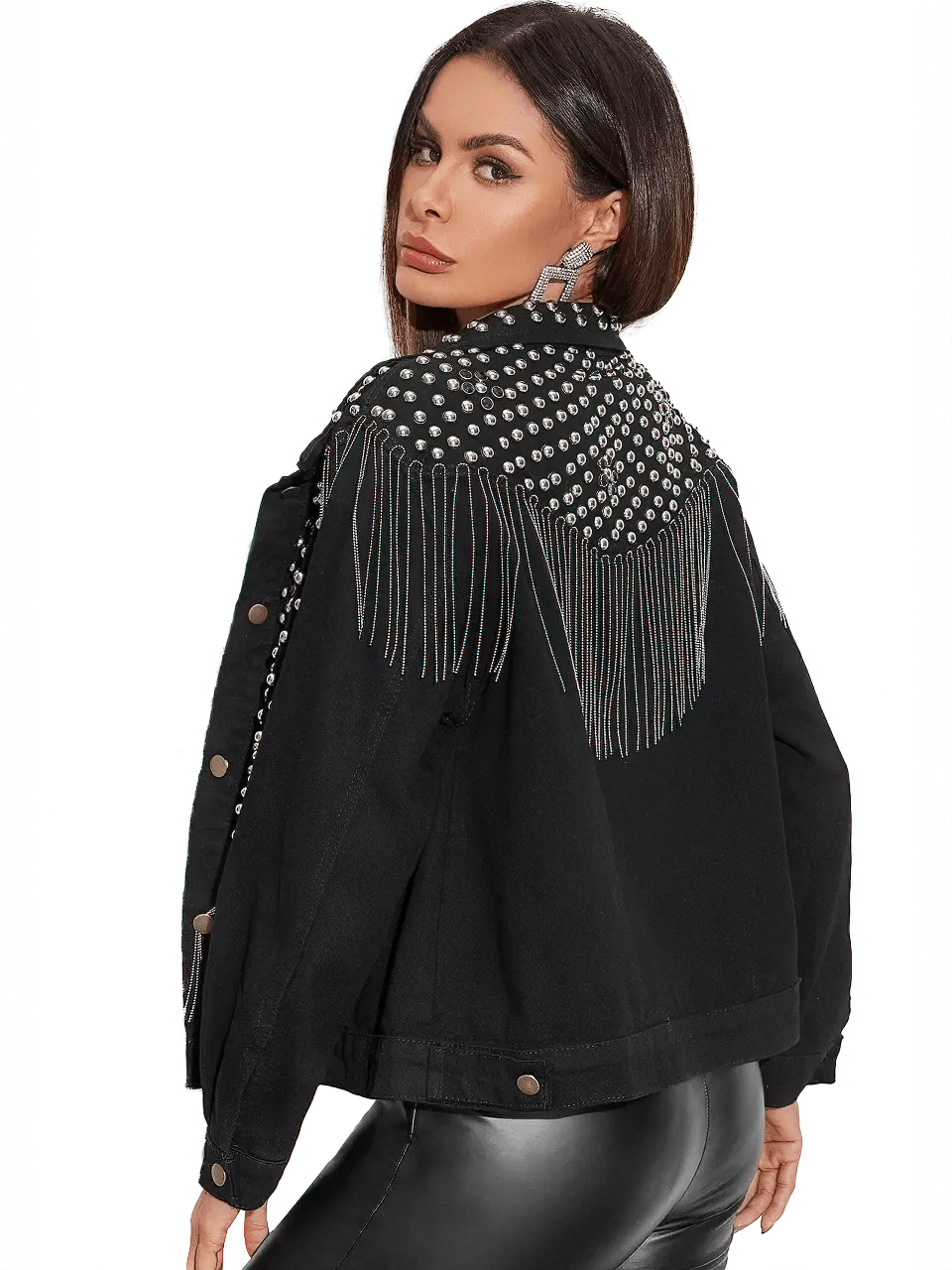 Stylish women's black denim jacket with tassels and rivets, perfect for casual streetwear.