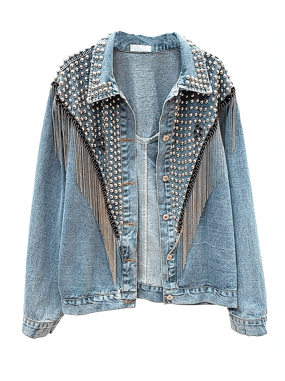 Stylish women's denim jacket with tassels and rivets, perfect for casual streetwear and everyday wear.