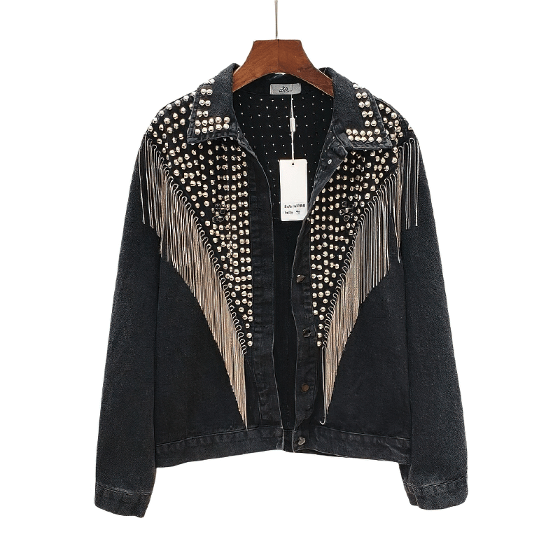 Trendy black denim women's jacket with tassel and rivet detailing, perfect for casual streetwear style.
