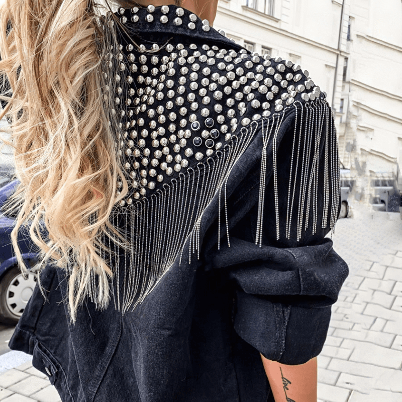 Stylish denim women's jacket with tassels and rivets, perfect for casual streetwear outfits.