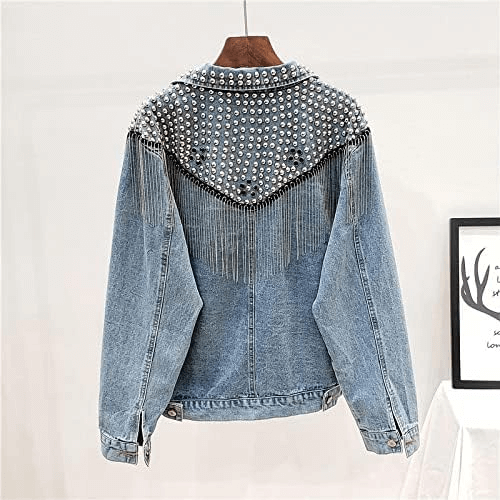 Stylish women's denim jacket with tassel and rivets, perfect for casual streetwear and everyday outfits.