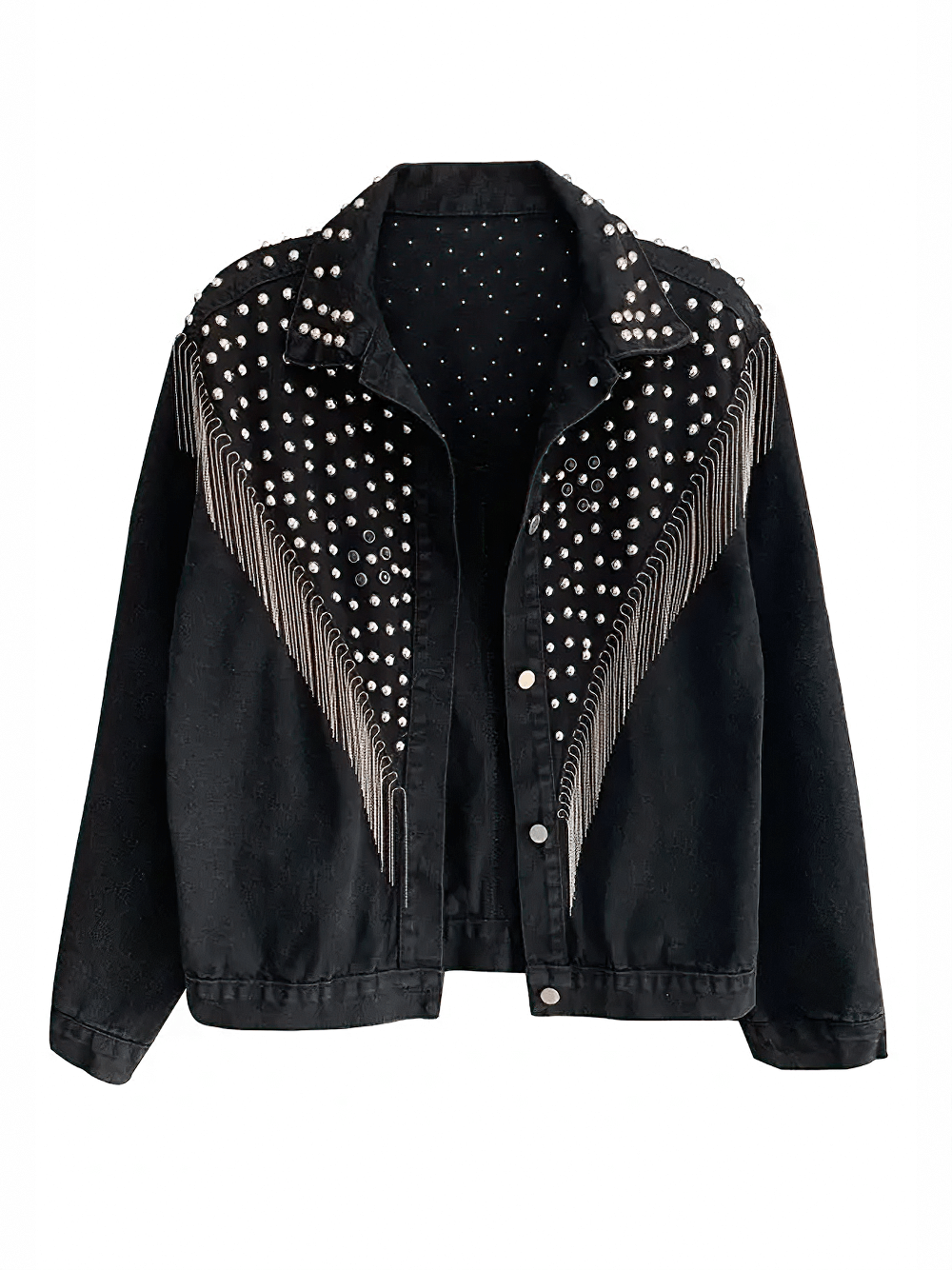Stylish women's denim jacket in black with tassels and rivets, perfect for casual streetwear looks.