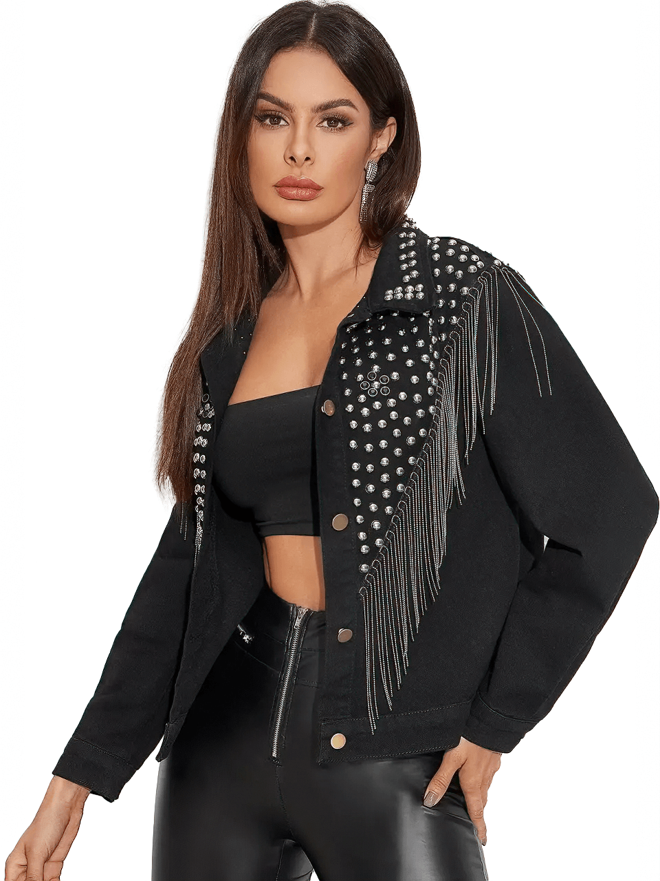 Stylish women's black denim jacket with tassels and rivets, perfect for casual streetwear and everyday outfits.