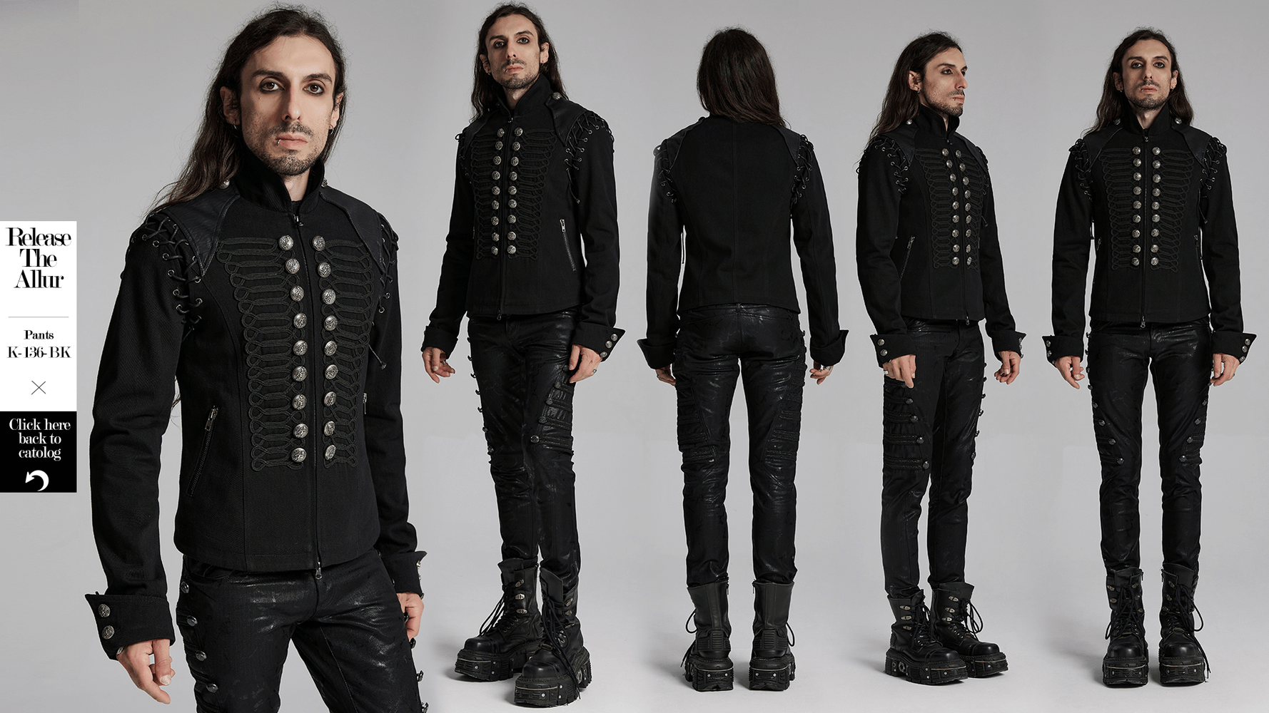 Detachable sleeved punk military jacket with vintage buttons, showcased from multiple angles on a model.