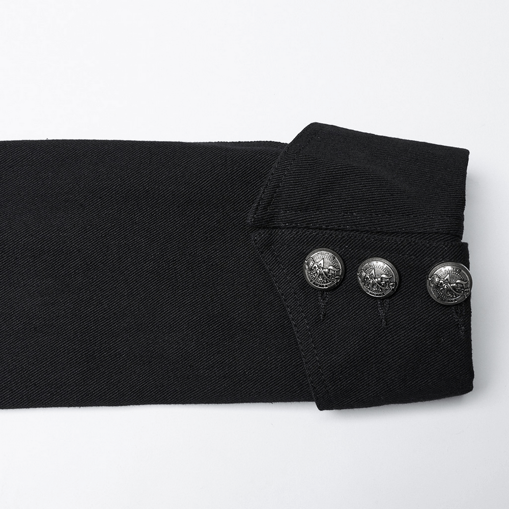 Detachable sleeve of a punk military jacket with vintage buttons in stylish black twill fabric.