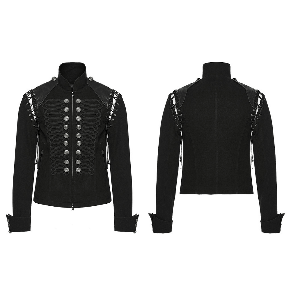 Edgy black detachable sleeved punk military jacket with vintage buttons and layered folding sleeve design.