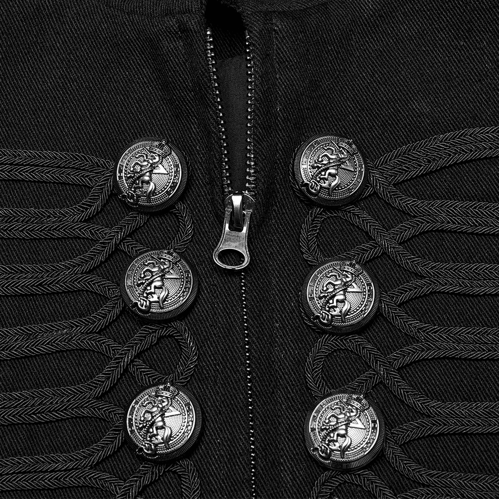 Close-up of vintage buttons and zipper detailing on a detachable sleeved punk military jacket.