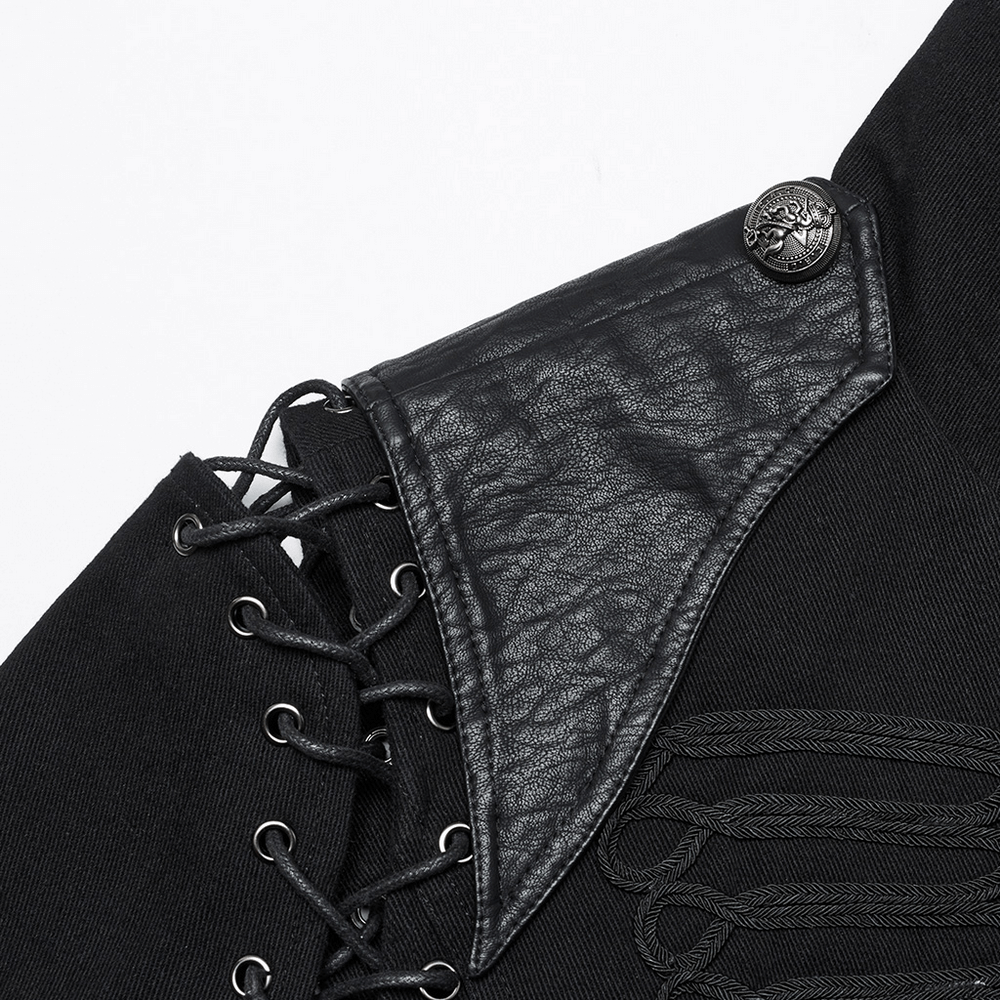 Close-up of the detachable sleeve and vintage button on a punk military jacket with lace detailing.