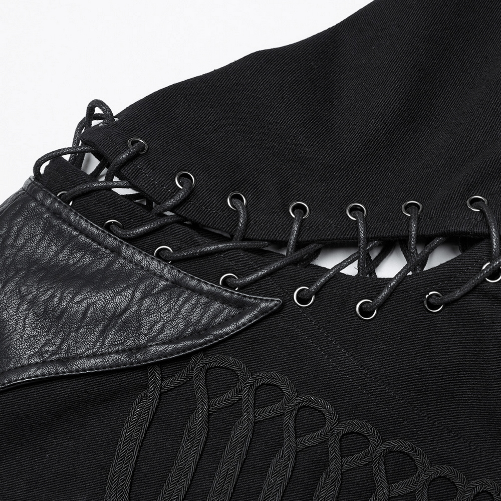 Close-up of the edgy lace-up detail on a punk military jacket with intricate stitching and textured fabric.