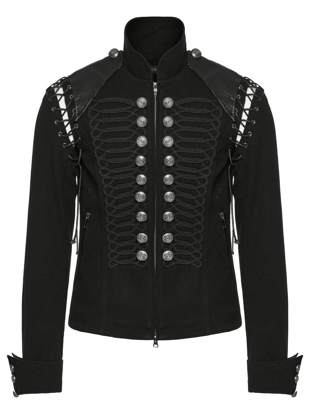 Detachable sleeved punk military jacket with vintage buttons and layered detailing in black twill fabric.