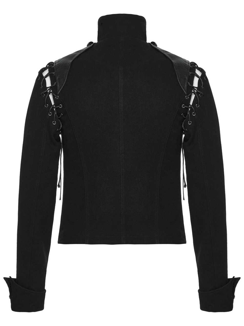 Stylish black punk military jacket with detachable sleeves and bold lace-up back detail. Perfect for edgy outfits!