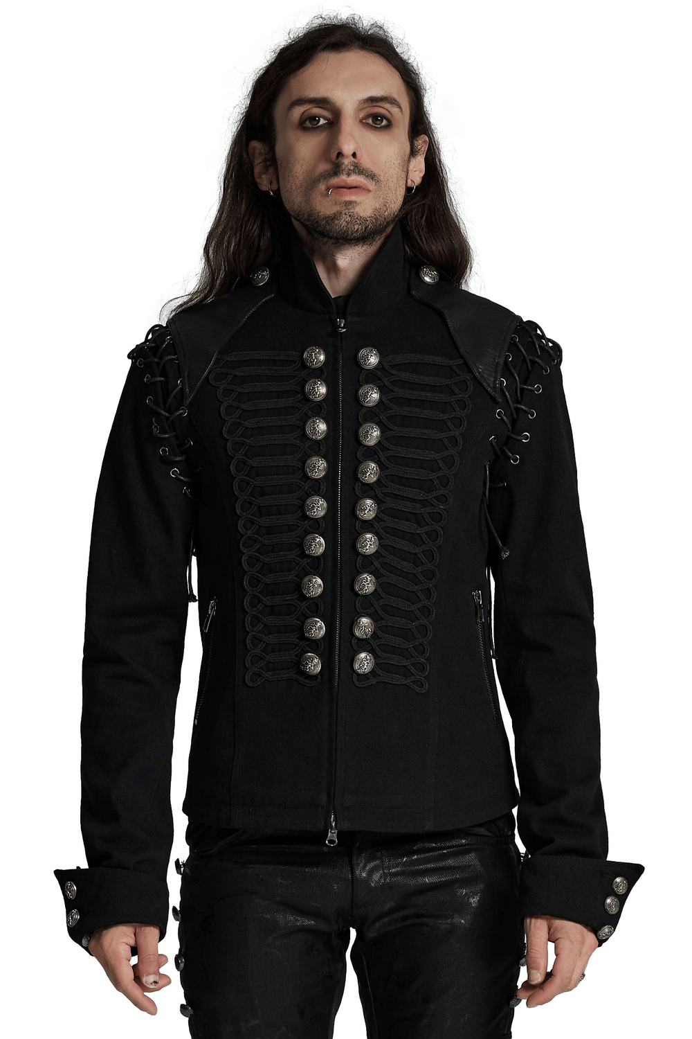 Edgy detachable sleeved punk military jacket with vintage buttons, featuring bold design and layered details.