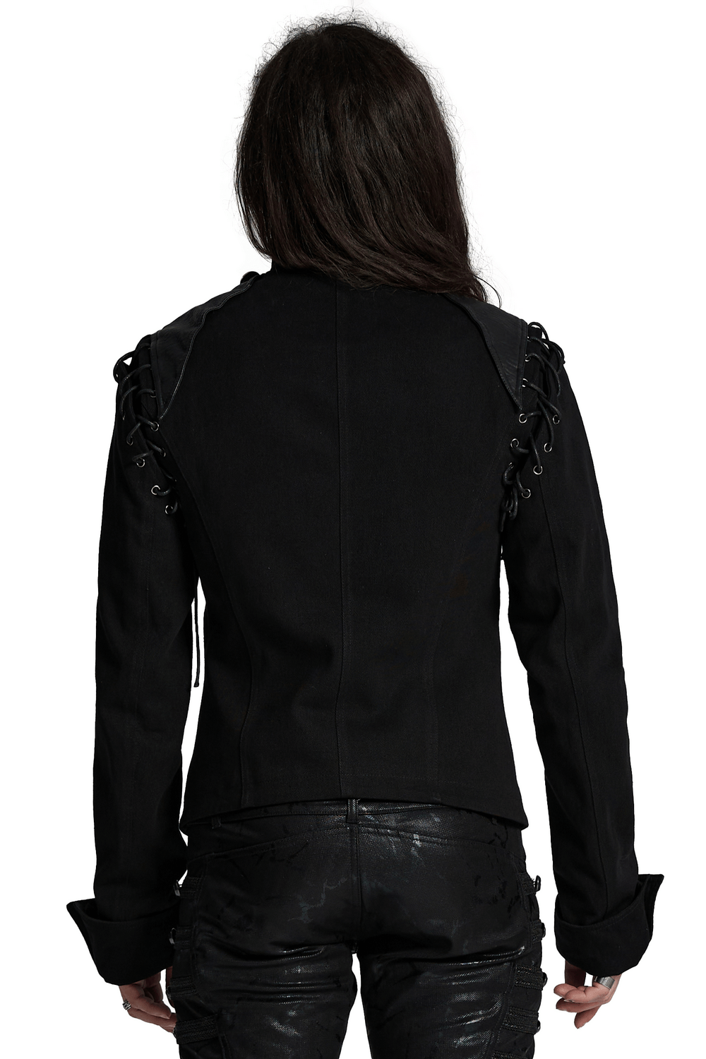 Back view of a detachable sleeved punk military jacket with vintage buttons and stylish lacing details.