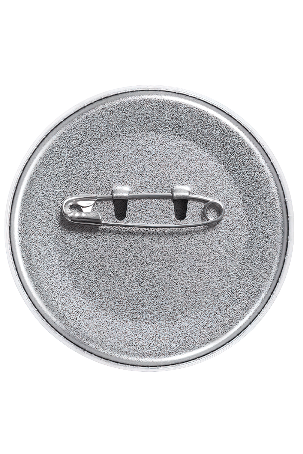 Back of a round pin badge featuring a durable safety pin attachment for secure fastening.