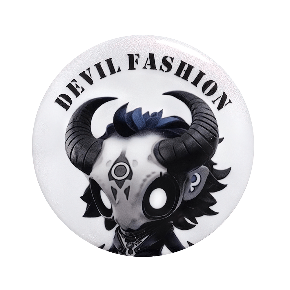 Devil Fashion round pin badge with horned skull design and gothic font, perfect for punk and goth style accessories.