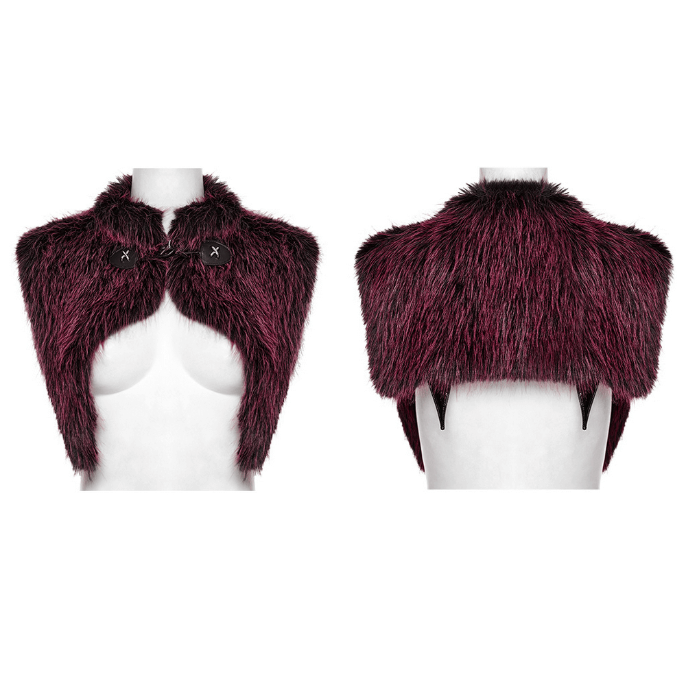 Stylish devil fur cape with a stand collar, dual-tone fur, and leather accents for a striking Halloween look.