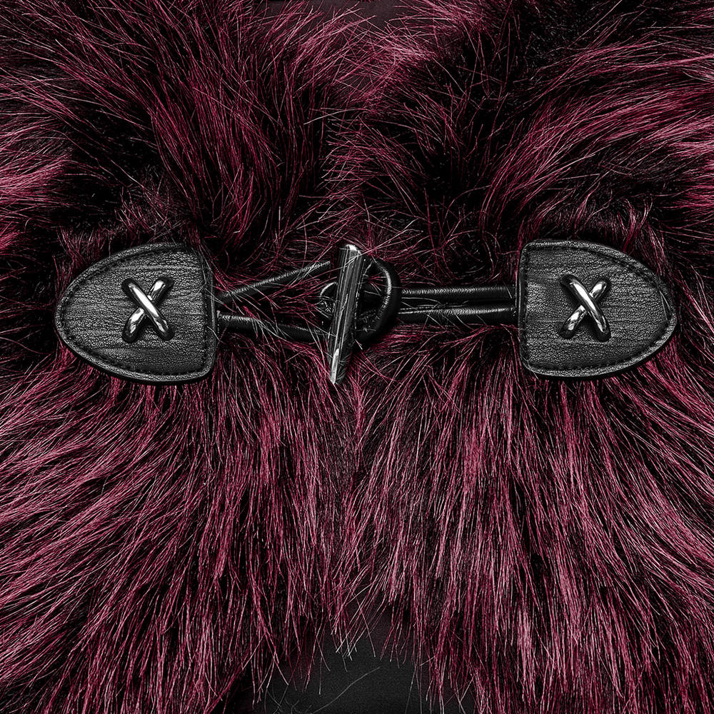 Close-up of the Devil Fur Cape's metal leather accent and clasp, featuring rich burgundy fur details.