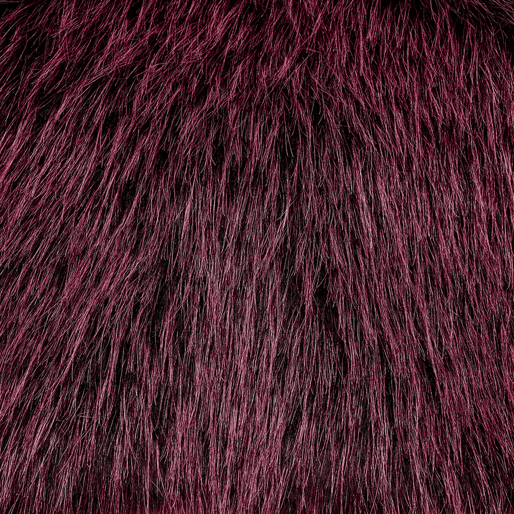 Close-up of soft, dual-tone burgundy fur fabric for devil cape, showcasing luxurious texture and striking color.