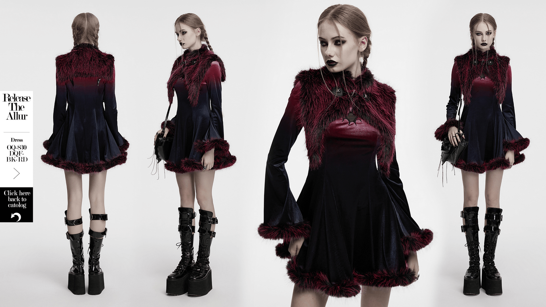 Dual-tone dark dress with fur accents, bell sleeves, and lace-up boots, creating a striking goth-inspired look.