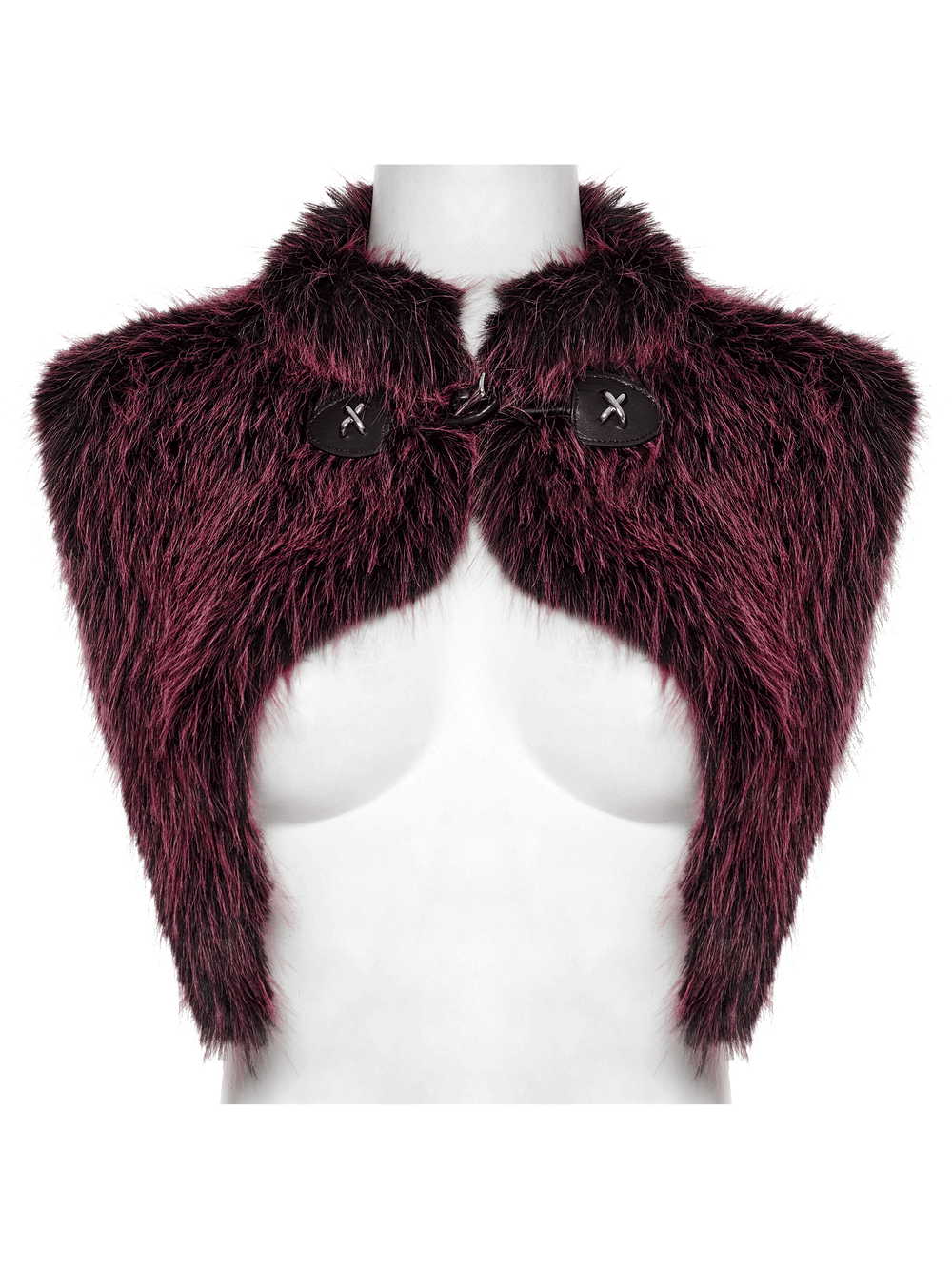 Dual tone devil fur cape with stand collar and leather accents for a striking look.