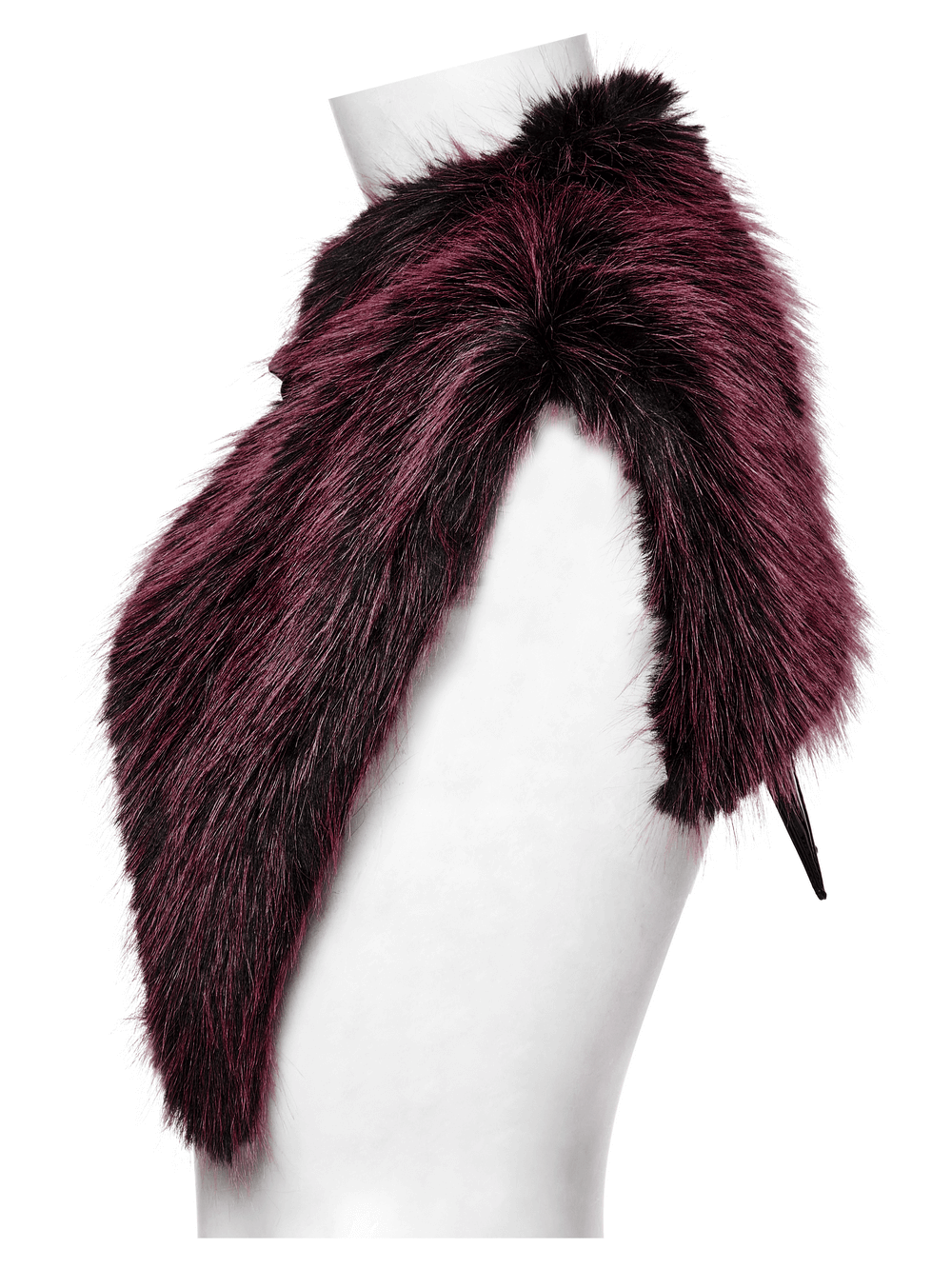 Dual tone devil fur cape in burgundy with striking texture and stand collar, perfect for mythical costumes.