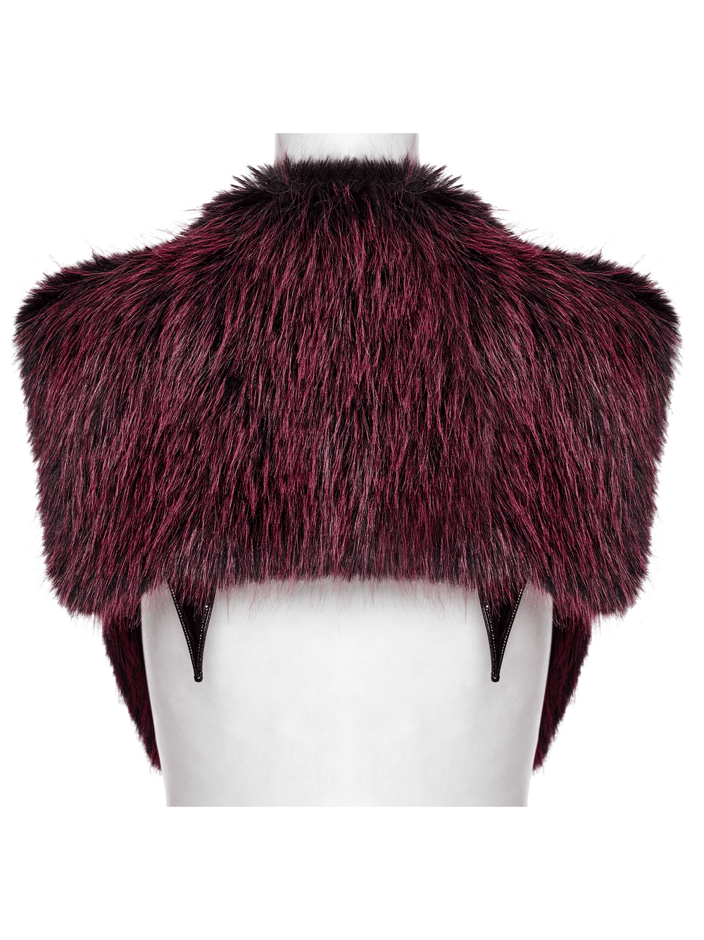 Back view of a dual-tone devil fur cape with stand collar and leather accents, showcasing striking gradient fur.