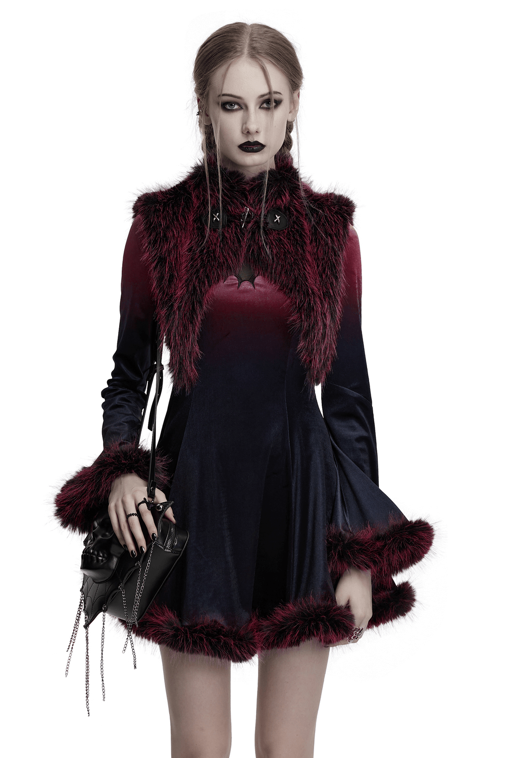 Dual tone devil fur cape dress with stand collar, metal accents, and horns for a striking gothic look.