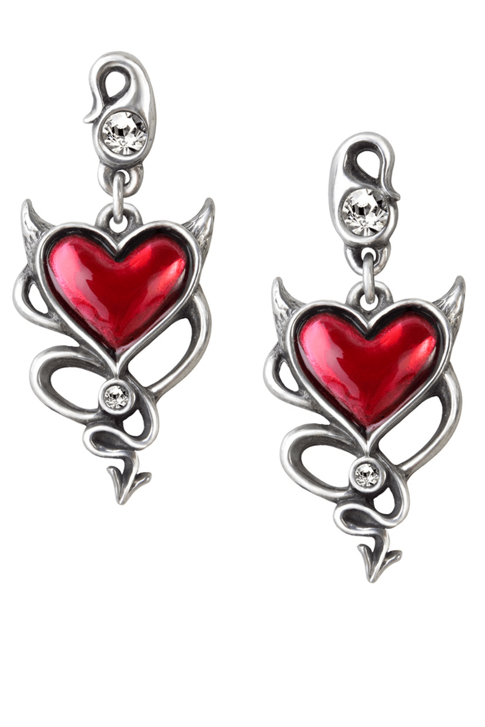 Devil's Heart Pendant Earrings with Red Crystals and Winged Detail, perfect for gothic styles.