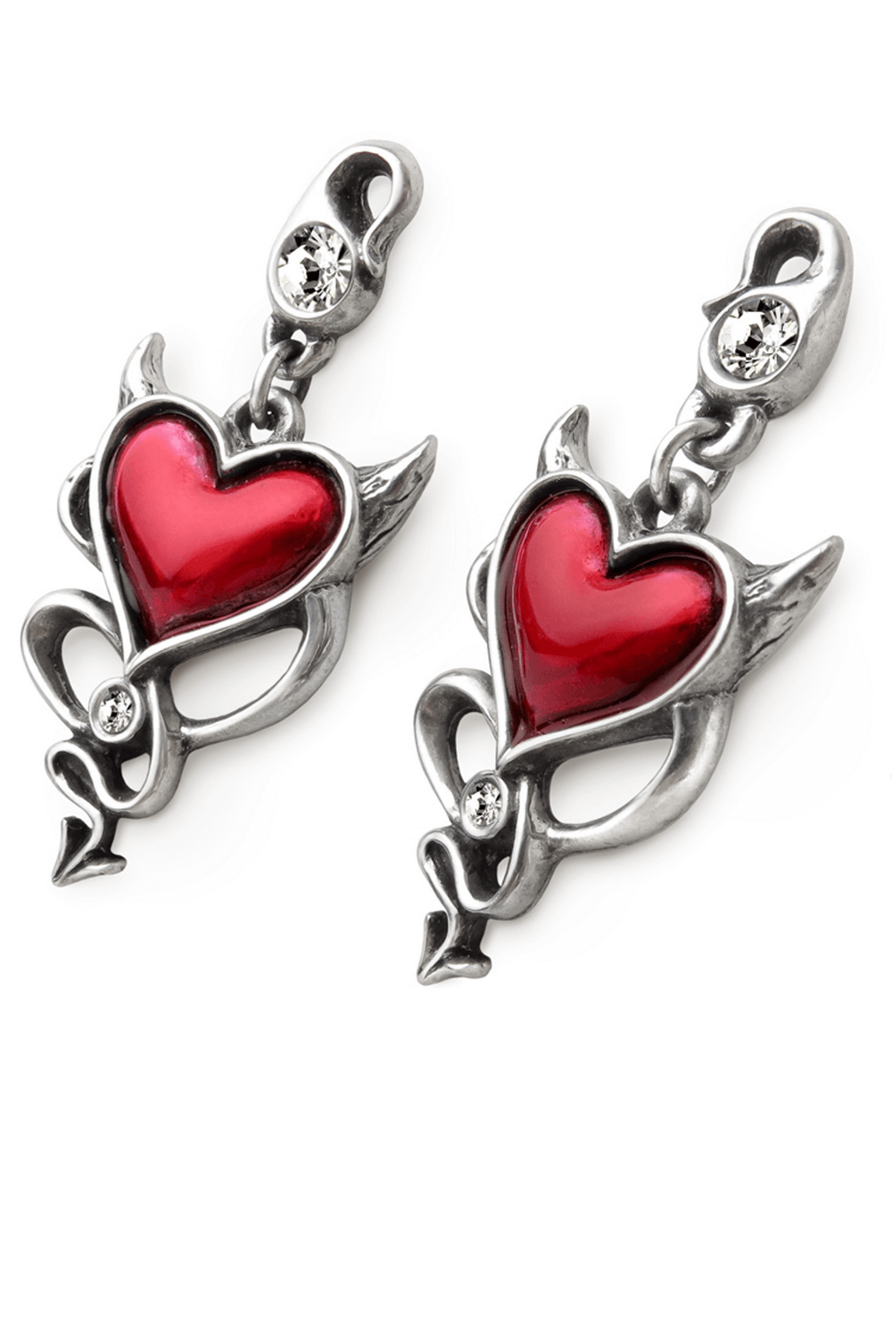 Devil's Heart Pendant Earrings with winged design and crystal accents, perfect for gothic elegance.