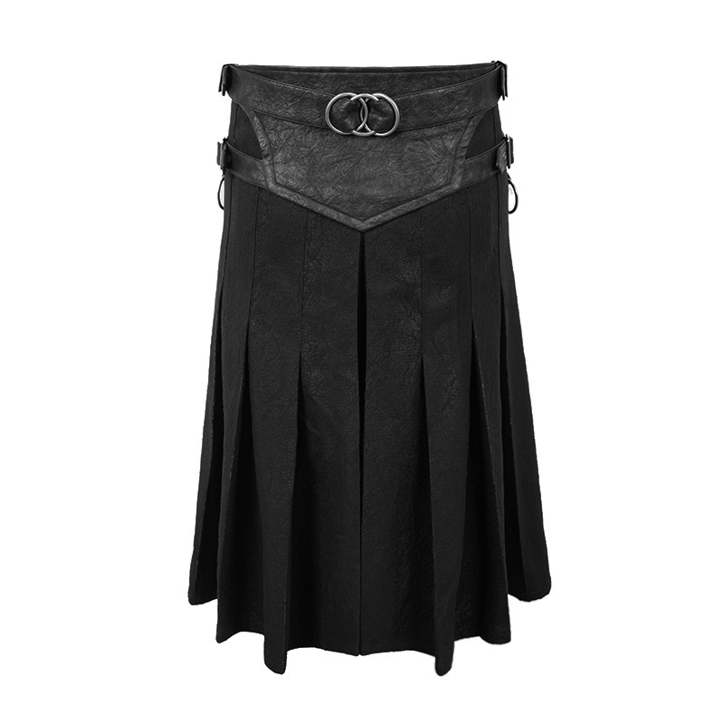 Men's black asymmetric kilt skirt with buckled leather straps and pleats, perfect for gothic fashion.