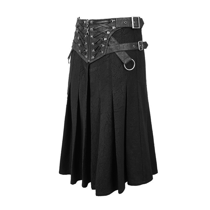 Men's black asymmetric kilt skirt featuring buckled leather straps and rivets, perfect for gothic style fashion.