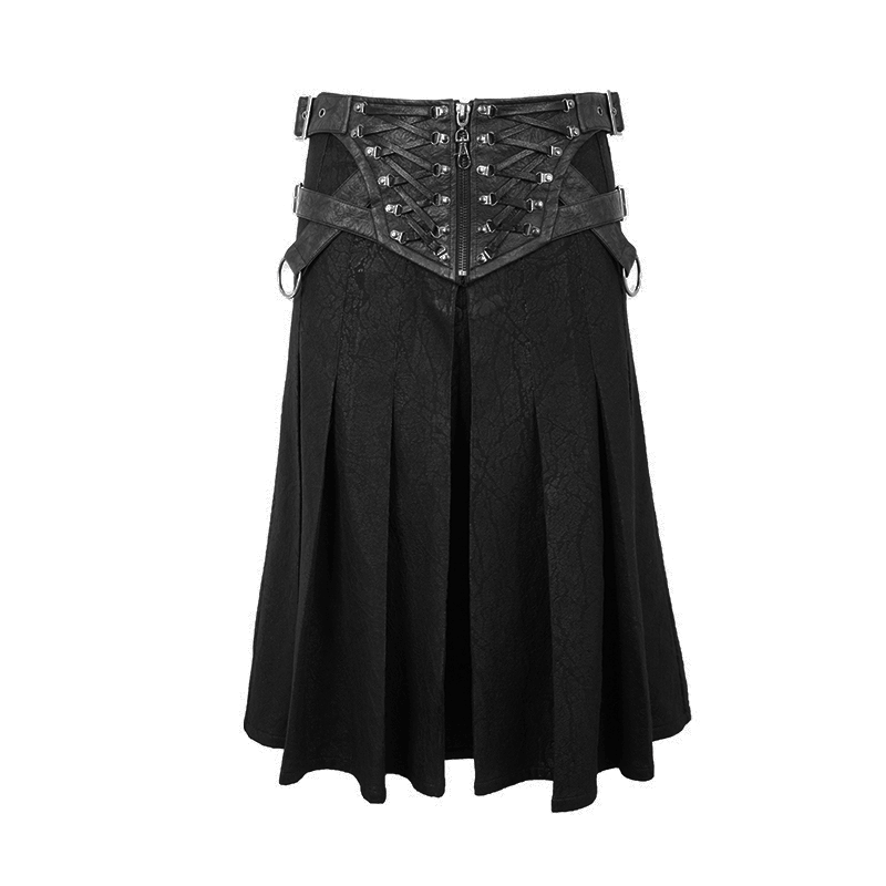 Black asymmetric kilt skirt with buckled leather straps and silver rivets for a gothic style look.