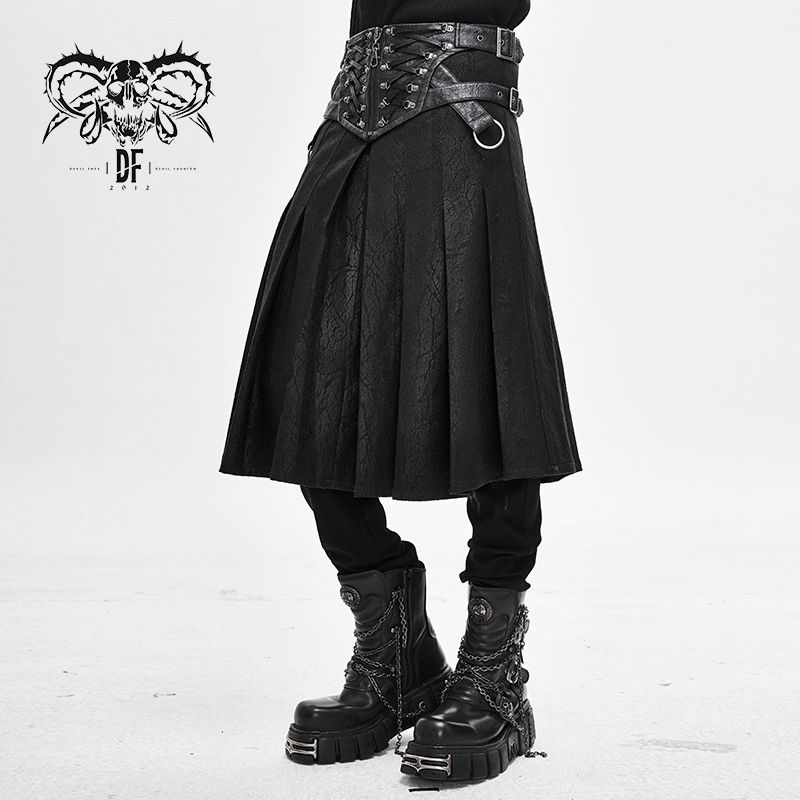 Men's asymmetrical black kilt skirt with buckled leather straps and stylish silver rivets, perfect for a gothic wardrobe.