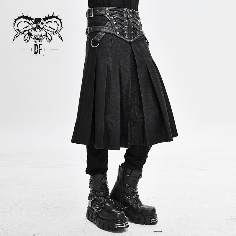 Men's black asymmetric kilt skirt featuring buckled leather straps and stylish pleats, perfect for gothic fashion.